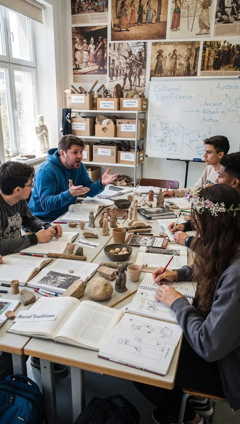Eine Gruppe von Studenten beobachtet eine Demonstration zur Analyse antiker Artefakte.