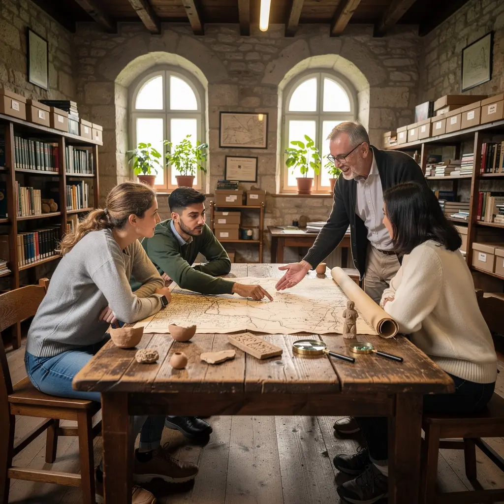 Ein Archäologe untersucht sorgfältig einen alten Stein in einem Ausgrabungsgebiet.